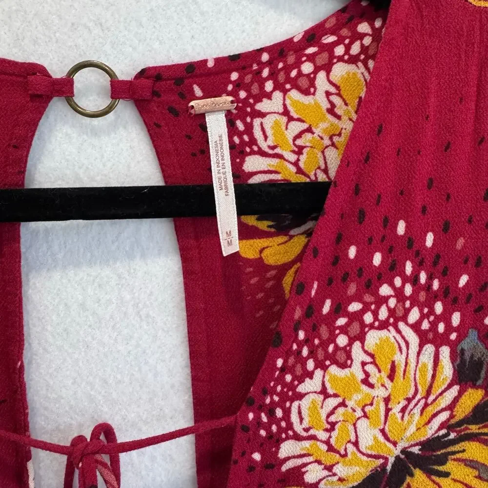 Free People Floral Sleeveless Dress M Red Yellow Boho Open Back Tie Festival